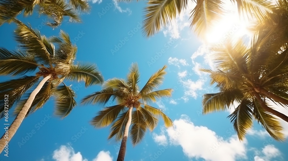 Coconut trees illuminated by sunlight. Bright blue sky.