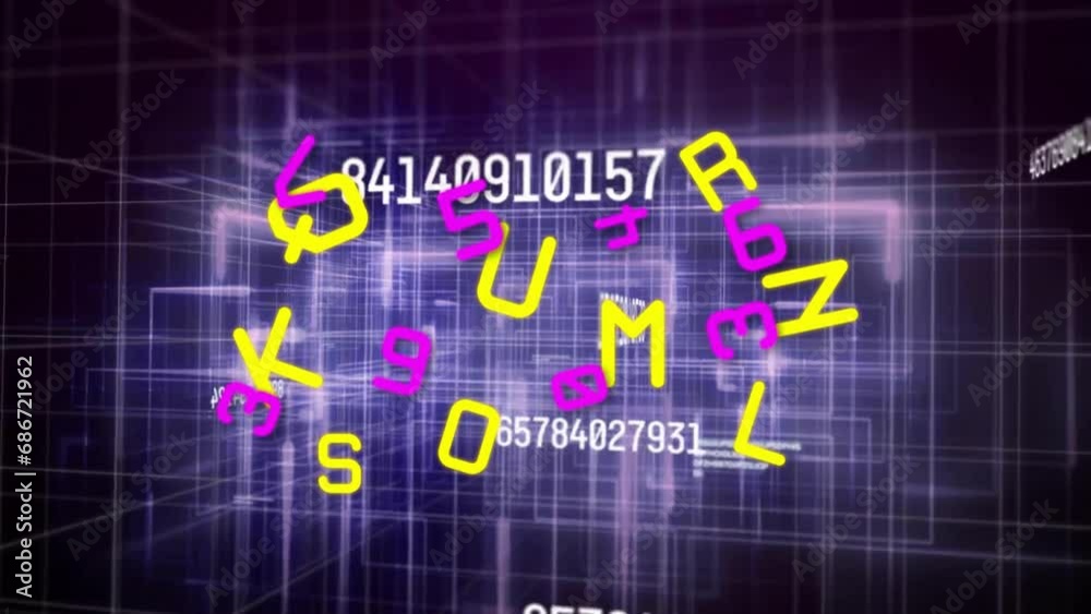 Animation of letters and numbers over data processing Animation of letters and numbers over data processing