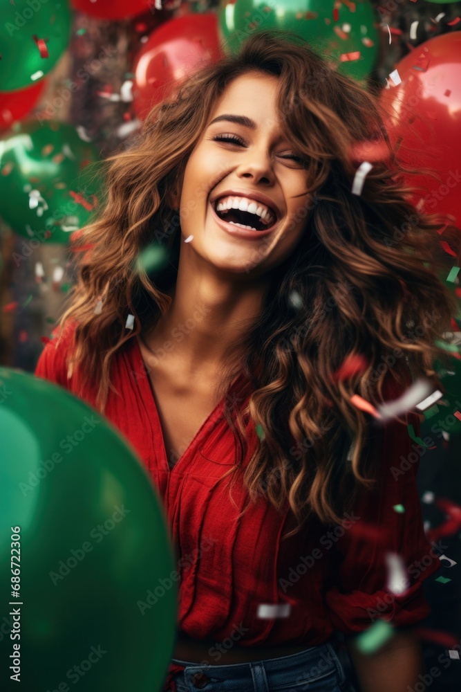 A cheerful woman in a red shirt laughs amidst a shower of confetti and colorful balloons A cheerful woman in a red shirt laughs amidst a shower of confetti and colorful balloons