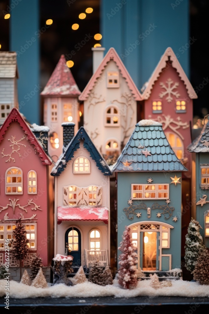 Intricate miniature houses decorated for winter with sparkling lights and snow