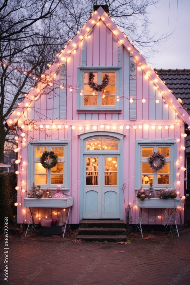 A quaint pink house beautifully lit with festive string lights during twilight