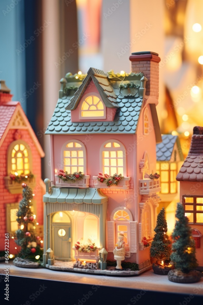 A charming miniature christmas village display with festive decorations and lights