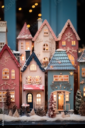 Intricate miniature houses decorated for winter with sparkling lights and snow