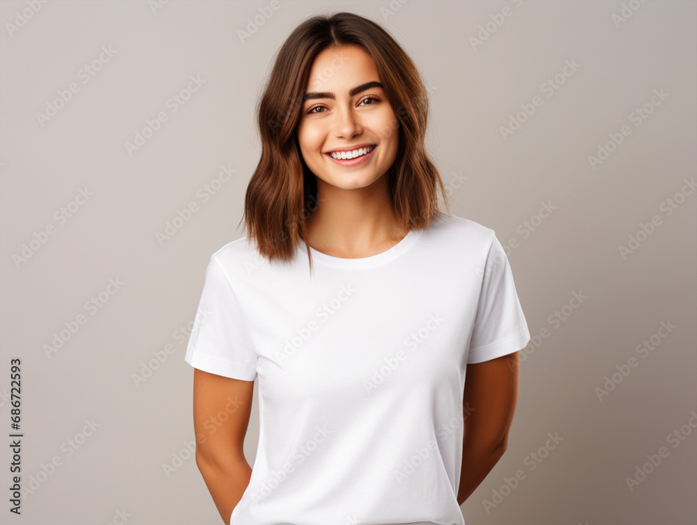 Lady wearing a plain tshirt standing in front of isolated gray background - ai generative Lady wearing a plain tshirt standing in front of isolated gray background - ai generative