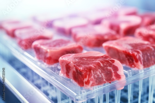 Artificial meat in laboratory. Technology of growing food products. Clean meat cultured in vitro from animal somatic cells. Close up.