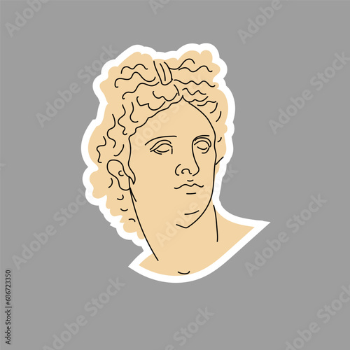 Sticker of the Greek sculpture of the head of Apollo. Ancient Olympian god. Decorative beige portrait with outline. Isolated on white background. Hand drawn. Vector illustration.
