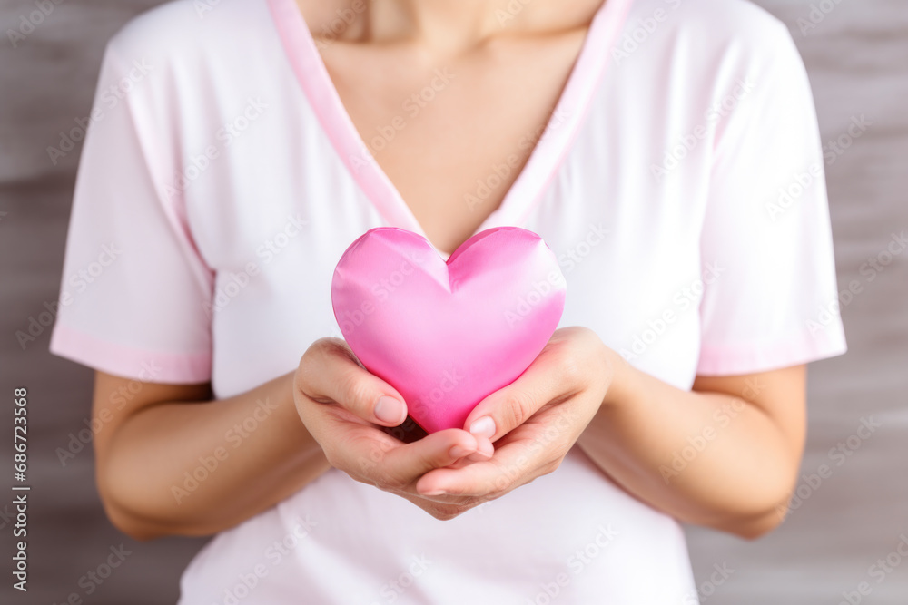 Hands hold a pink heart symbol. The concept is breast cancer awareness. Hands hold a pink heart symbol. The concept is breast cancer awareness.
