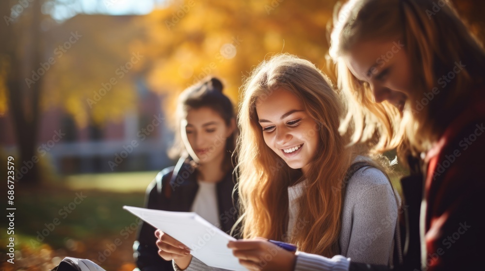 Young woman in school campus doing working project. Young students discussing studies in campus. Young woman in school campus doing working project. Young students discussing studies in campus.