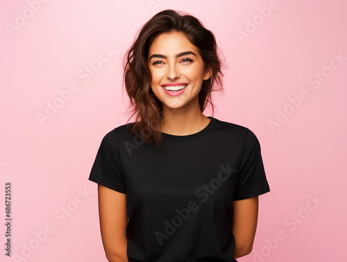 Lady wearing a plain tshirt standing in front of isolated pink background - ai generative