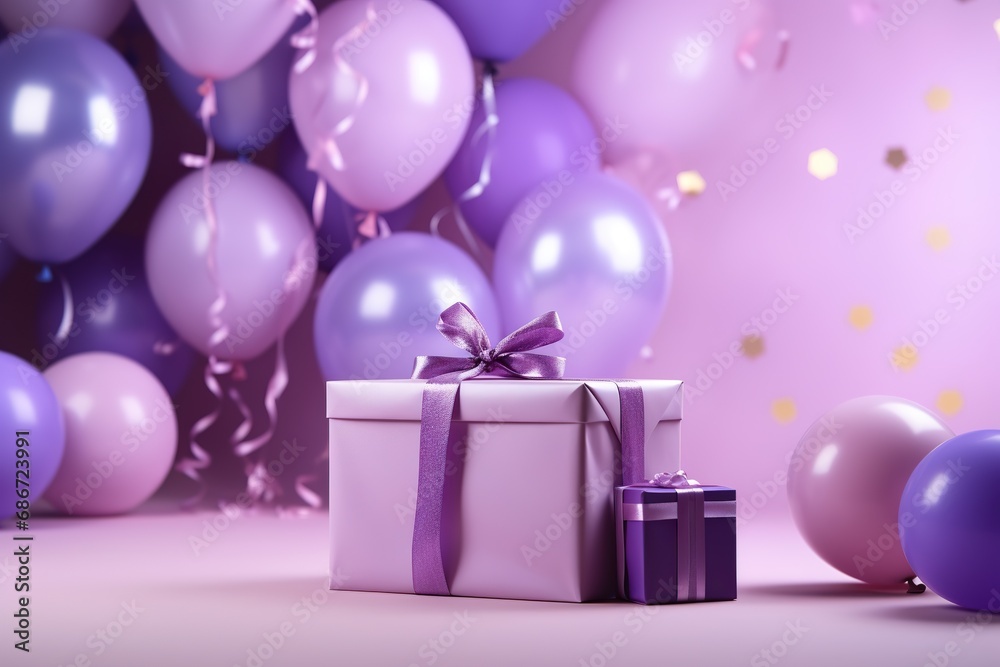 ight violet background with balloons and colorful party supplies in a violet gift box, in the style of shaped canvas ight violet background with balloons and colorful party supplies in a violet gift box, in the style of shaped canvas
