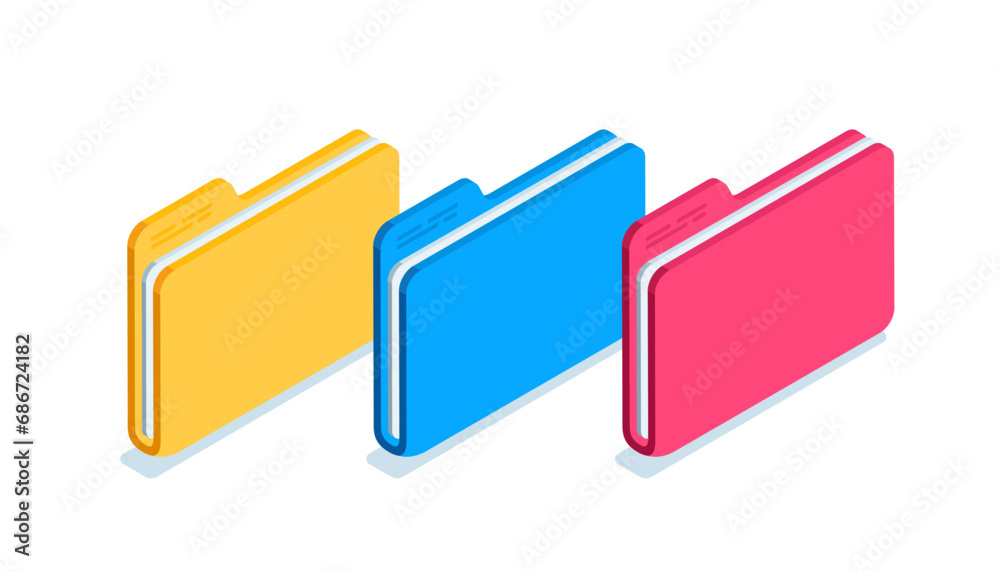 isometric set of colored folders with documents, in color on a white background, design element or paper work with data isometric set of colored folders with documents, in color on a white background, design element or paper work with data