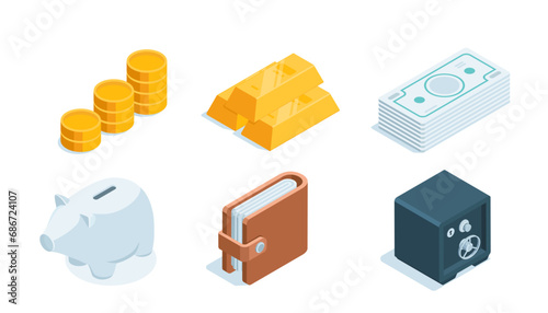 isometric set on the theme of finance, in color on a white background, gold and money or wallet and safe