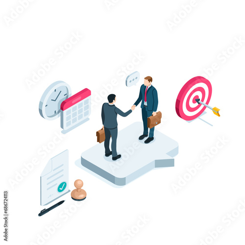 isometric man with a briefcase greeting another man in color on a white background, shaking hands or reaching an agreement