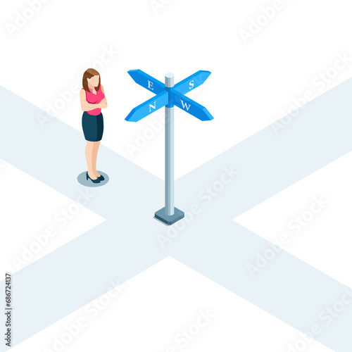 isometric business woman standing at an intersection in front of a sign with arrows in four directions, choosing a direction or the right path