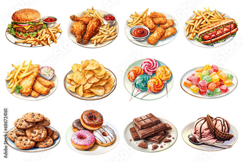 Watercolor Junk Foods Set. Set of Unhealthy Foods Clipart. Unhealthy Food Concept. Watercolor Junk Food Illustrations.