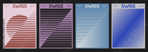 Set Of Modern Swiss Design Geometric Covers. Minimal Bauhaus Posters. Striped Halftone Shapes. © Ольга Бовкуницкая
