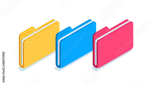 isometric set of colored folders with documents, in color on a white background, design element or paper work with data