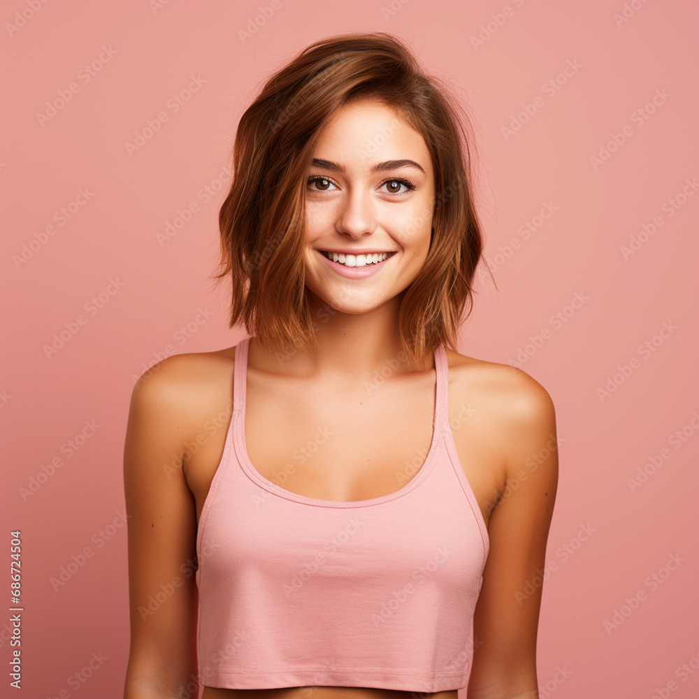Lady wearing a plain tank top standing in front of isolated pink background - ai generative