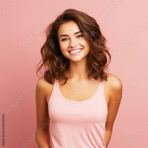 Lady wearing a plain tank top standing in front of isolated pink background - ai generative
