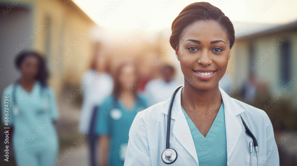 Confident female doctor with team in background at hospital. Confident female doctor with team in background at hospital.