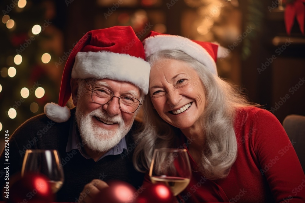 an elderly couple in red caps with champagne on a Christmas background