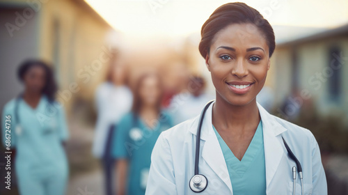 Confident female doctor with team in background at hospital.