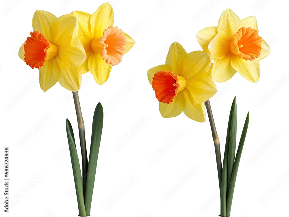 Two yellow daffodil flowers isolated transparent background 