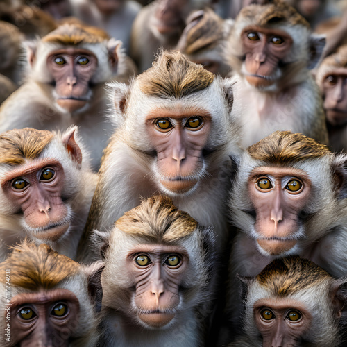 Many macaques monkey heads looking to camera. © 3dillustrations