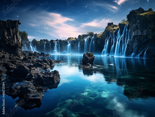 A celestial waterfall pouring from the moon into a crystal-clear lake surrounded by floating islands.