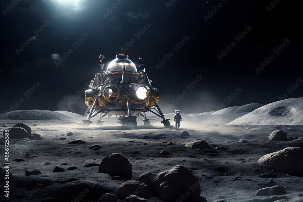 Space mission with cosmonauts landing on Moon, hyper realistic photo.