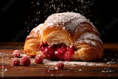 A visually enticing shot captures a raspberryfilled croissant photo