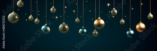 Christmas and New Year background with gold and blue decorations  balls  stars and confetti. Top view  flat lay  copy space.