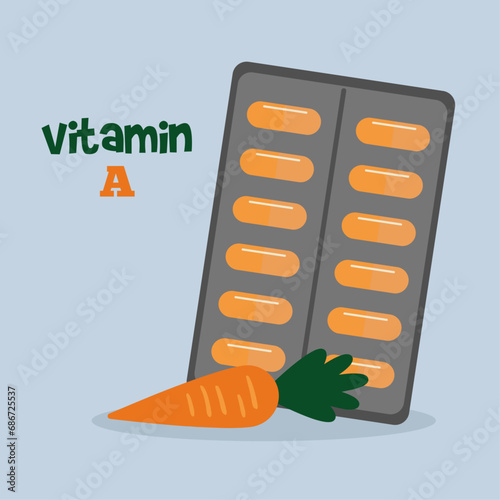 Flat Design Illustration with Vitamin A Pack on Table and Carrot
