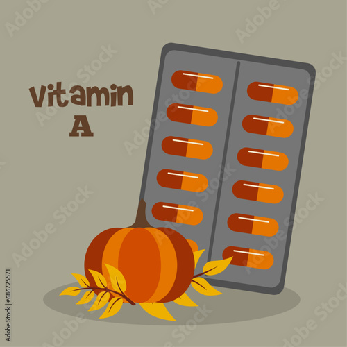 Flat Design Illustration with Vitamin A  Pack on Table and Pumpkin