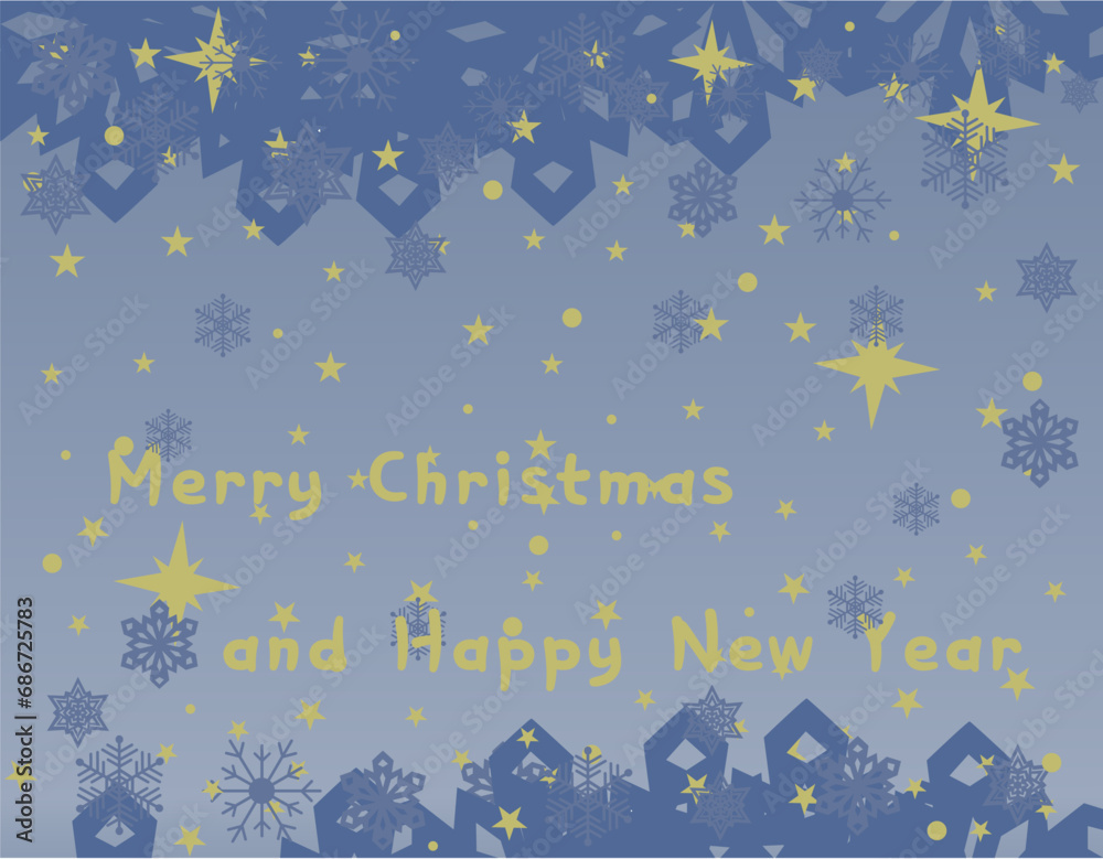 Merry Christmas and New Year card with snowflakes on a blue background. Universal art templates.