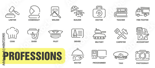 Set of icons of various professions. Profession and career set of icons in thin line style.
