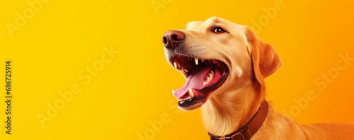 a brown dog laughing at yellow background, in the style of minimalistic japanese, light orange and magenta, photo-realistic hyperbole, shaped canvas, website created with Generative Ai