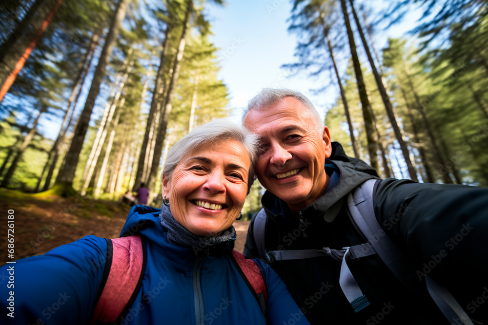 Senior couple taking a selfie in the forest on a sunny day