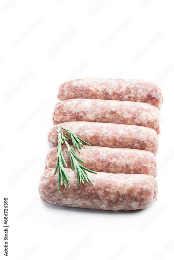 Raw pork sausages isolated on white background Raw pork sausages isolated on white background