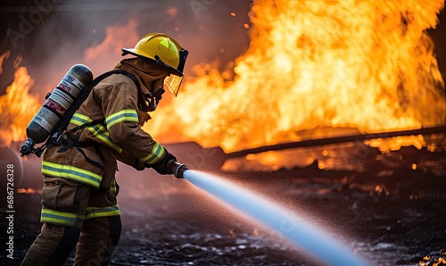 Firefighter Battling Blaze With Powerful Hose Spray