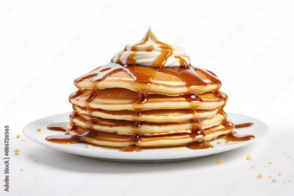 stack of fluffy pancakes topped with whipped cream and maple syrup. Close-up on a white background. Product photography for e-commerce
