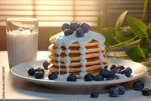 delicious pancakes, with fresh blueberries and dripping sour cream or whipped cream on the kitchen table next to a glass of milk. Nutritious delicious breakfast for the whole family photo