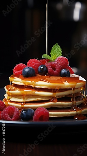 Delicious breakfast for the whole family. Delicious pancakes with raspberries, blueberries and mint leaves, topped with syrup or honey. Vertical image. photo