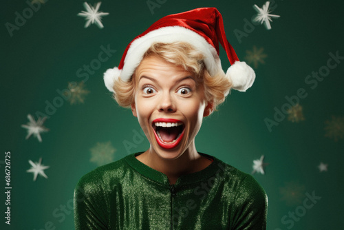 Portrait of happy young woman in Santa hat on green background.