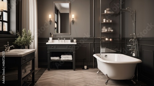 Clean  neutral colored  yet masculine bathroom  interior  apartment  design  house  luxury  modern  light  home  white  sink  room  floor  wall  bath.