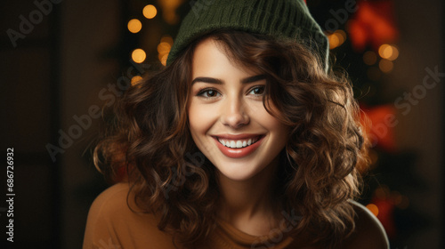 Portrait of beautiful young woman in sweater and hat on blurred background. © Synthetica