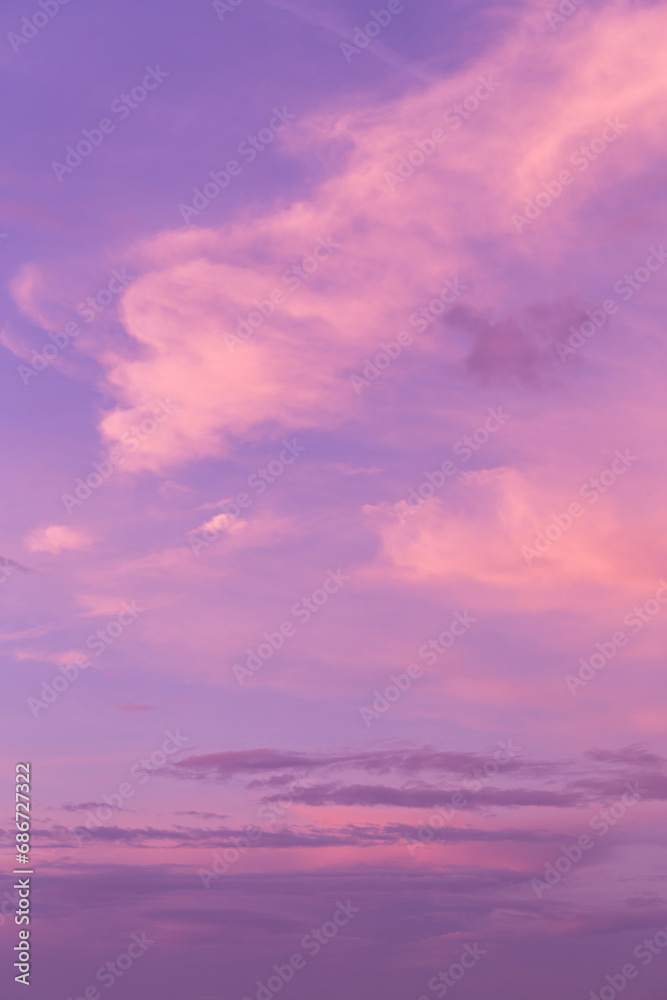 Epic dramatic pink purple violet blue beautiful sky. Beautiful soft gentle sunrise, sunset with cirrus clouds background texture