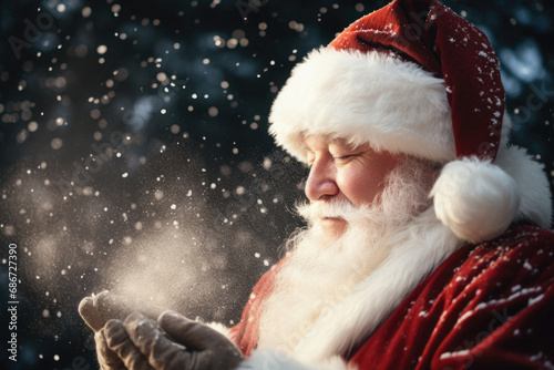 Portrait of Santa Claus blowing snow in the forest. Christmas concept. © Synthetica