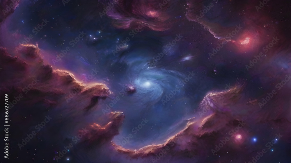 Fototapeta premium Colorful space galaxy cloud nebula. Stary night cosmos. Universe science astronomy. Supernova background wallpaper. Generative Al