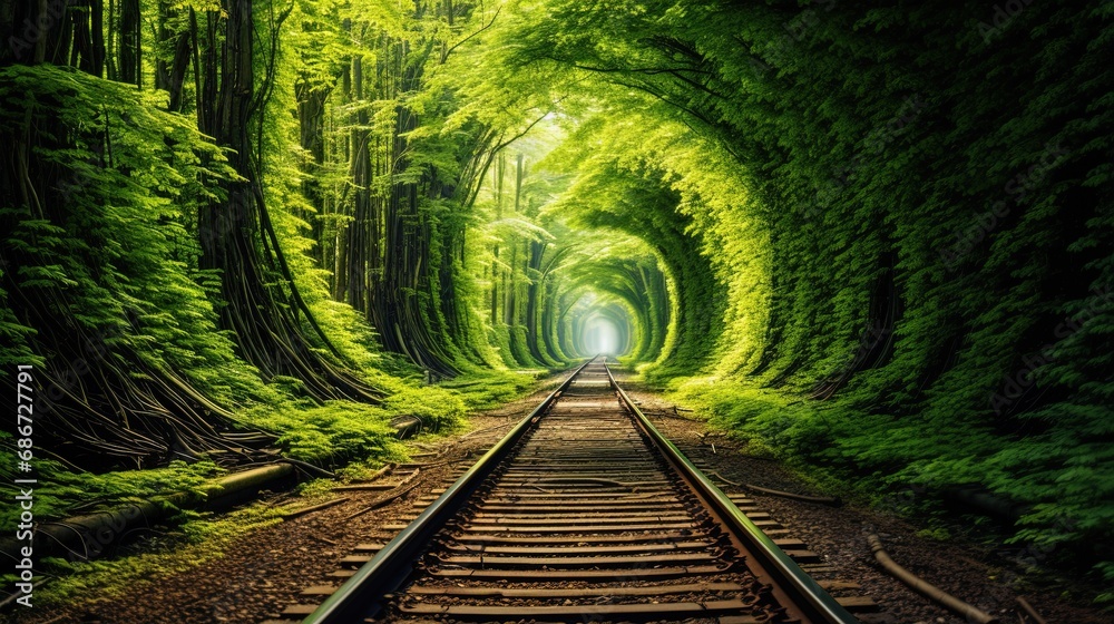 Long tunnel with railroad tracks and green foliage, ai generative - obrazy, fototapety, plakaty 